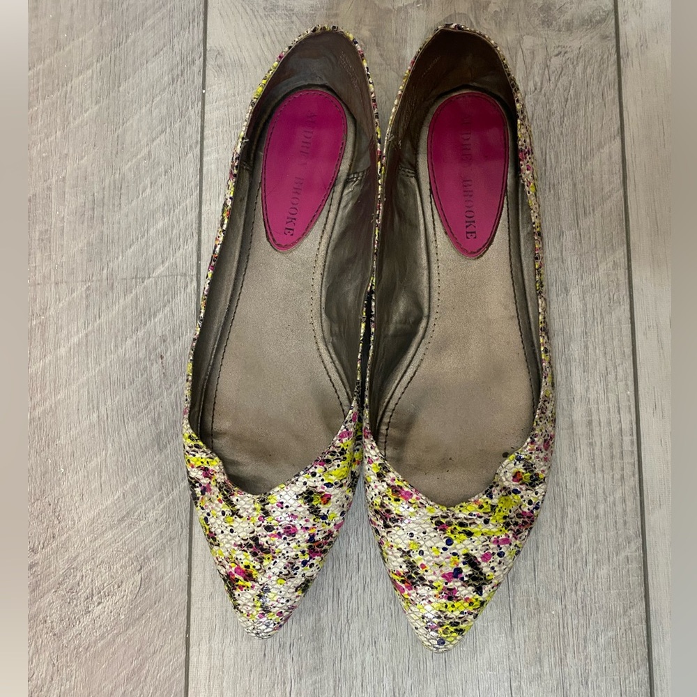 Audrey Brooke colorful snake skin flats, 10